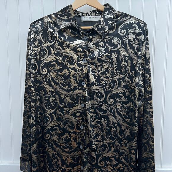 Maggie Lawrence Vintage Metallic Brocade Button Down Blouse Black Gold Baroque - Picture 1 of 9